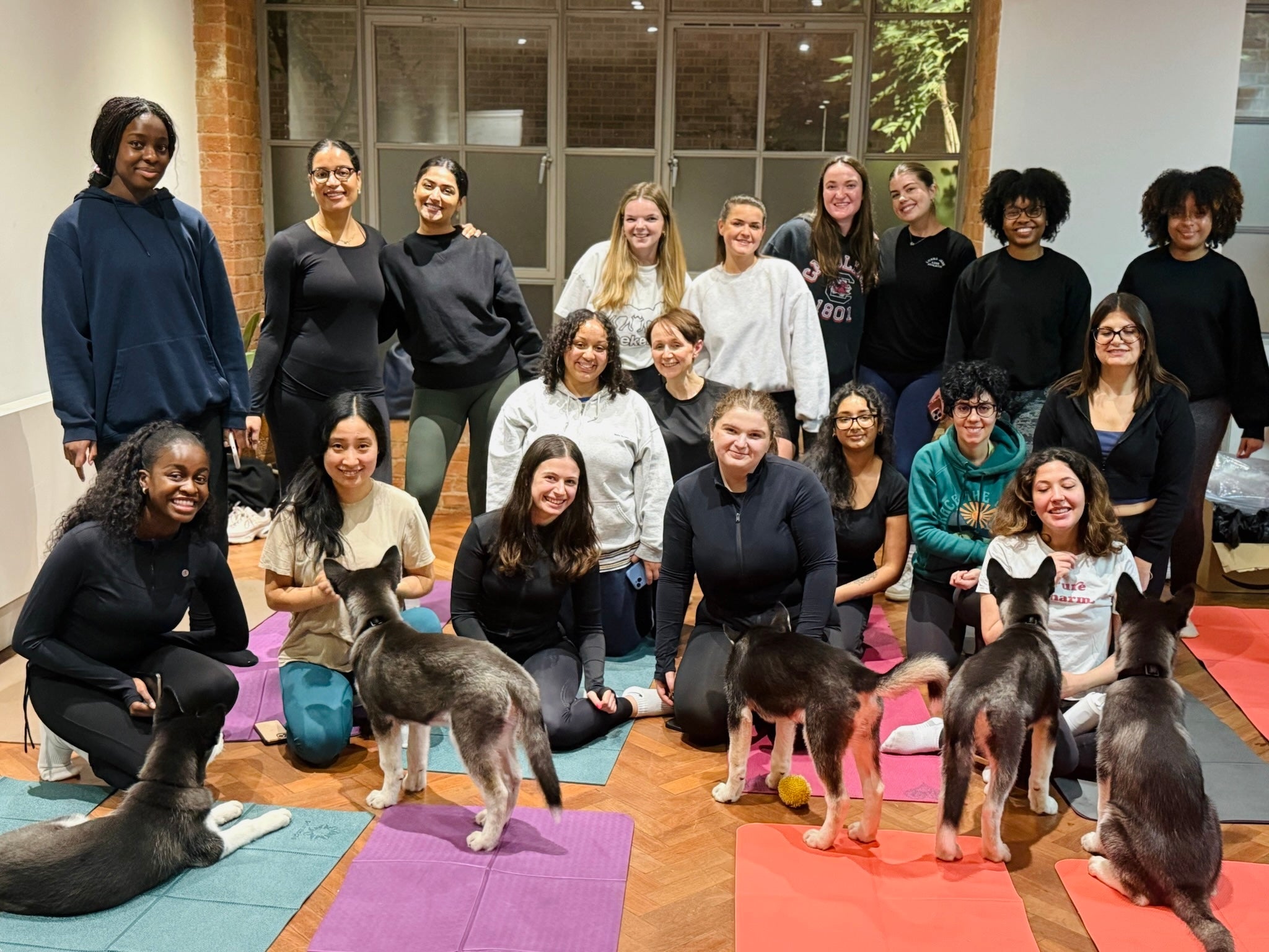 Women event puppy yoga